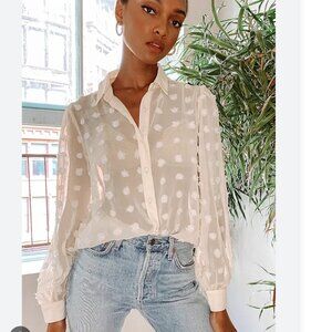 ASOS White Sheer Textured Dot Blouse - Small - Polkadot Long Sleeve Button Up